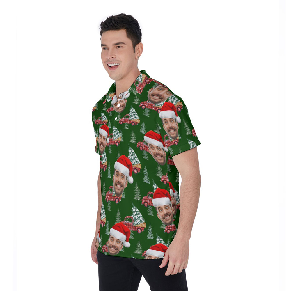 Classic Christmas Car Green Hawaiian Polo Shirt With Custom Face