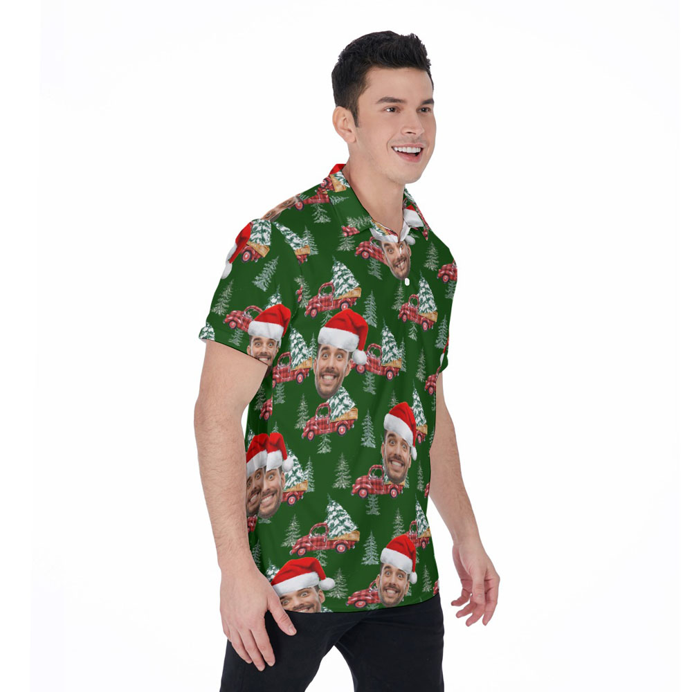 Classic Christmas Car Green Hawaiian Polo Shirt With Custom Face