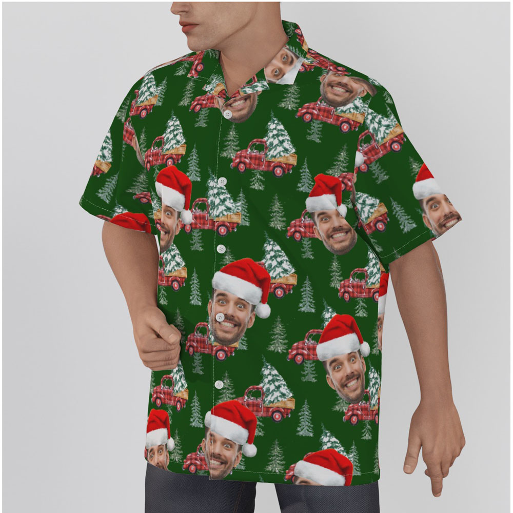 Funny Custom Face Christmas Car Green Hawaiian Shirt