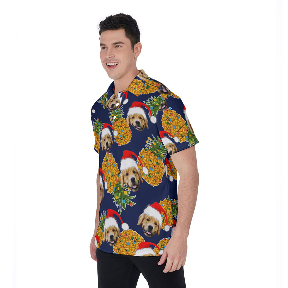 Christmas Pineapple Navy Hawaiian Polo Golf Shirt With Custom Dog Face