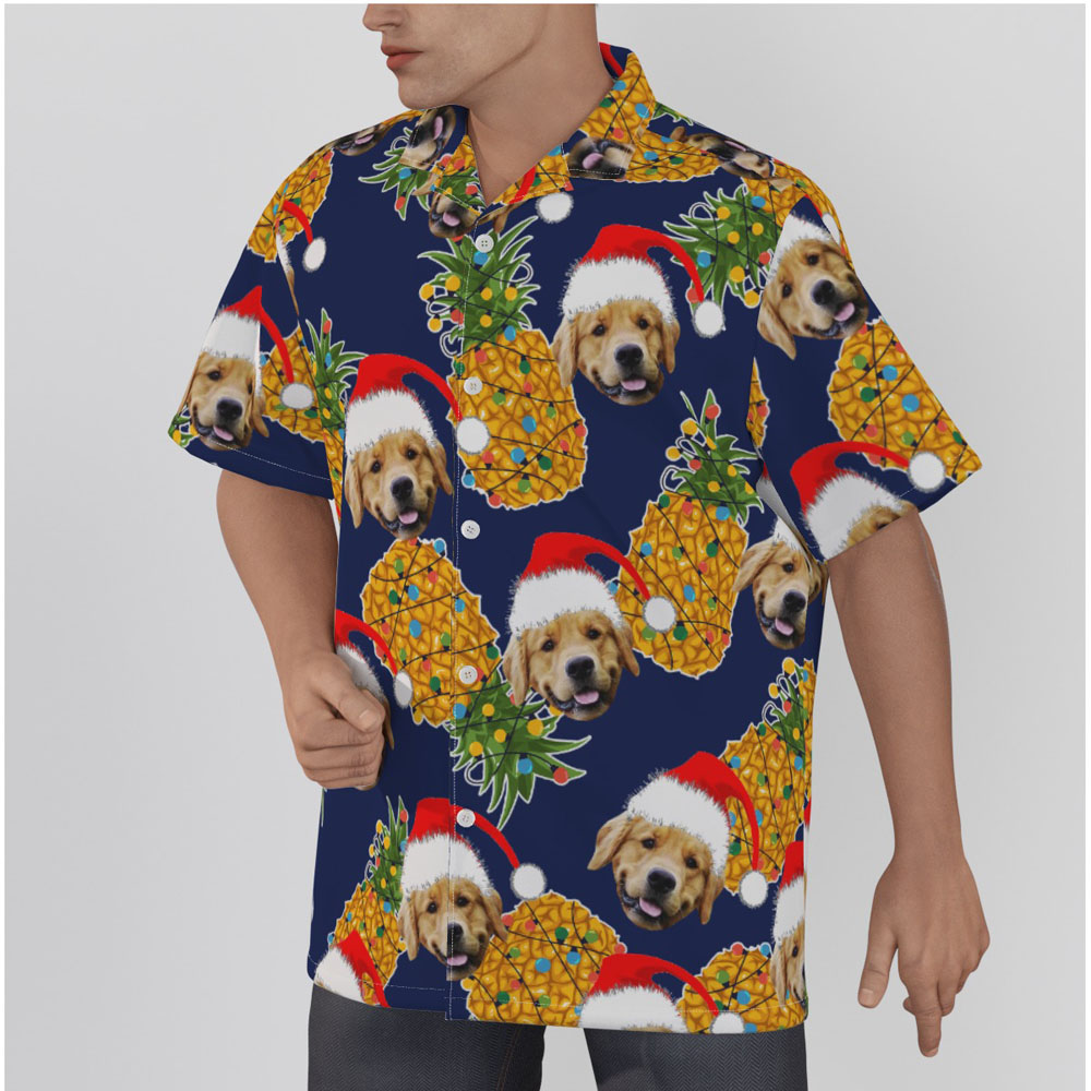 Christmas Pineapple Navy Hawaiian Shirt With Custom Dog Face