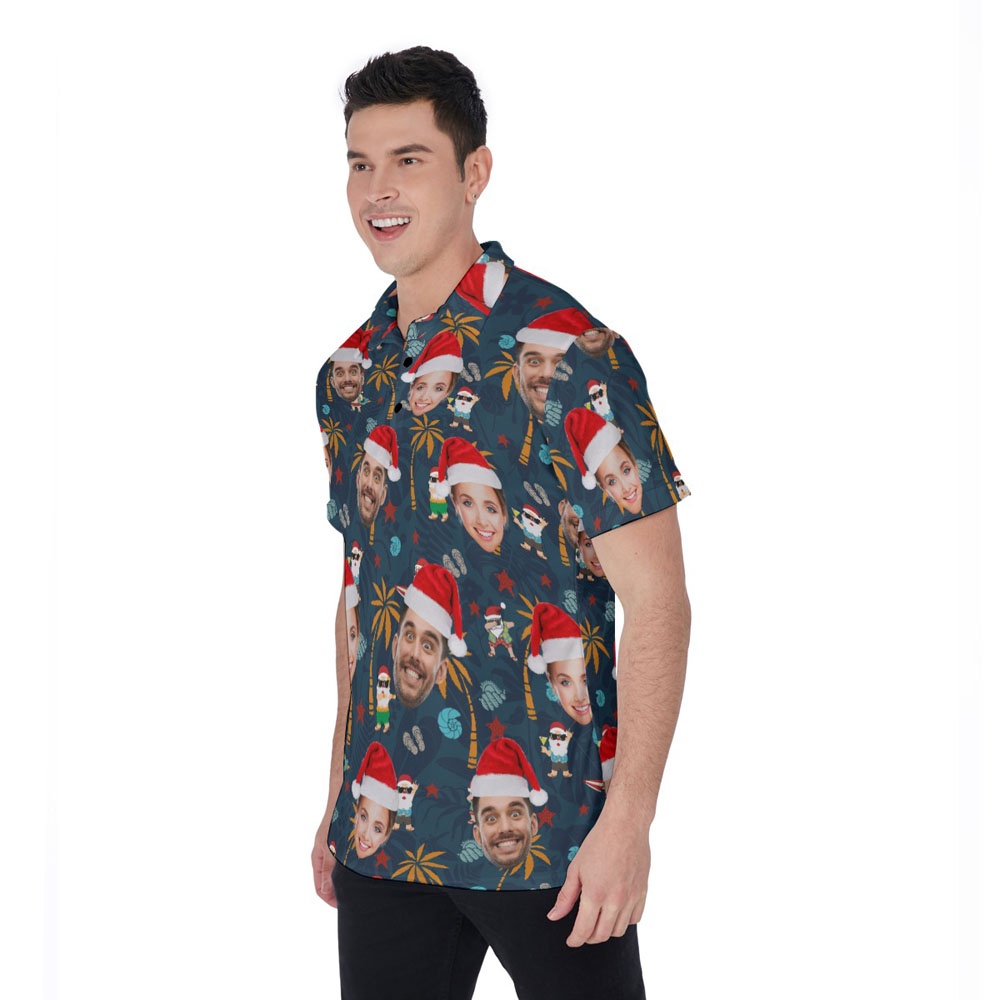 Christmas Santa Vacation Navy Hawaiian Polo Shirt With Custom Face