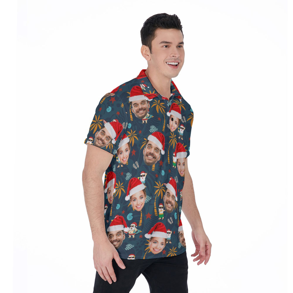 Christmas Santa Vacation Navy Hawaiian Polo Shirt With Custom Face