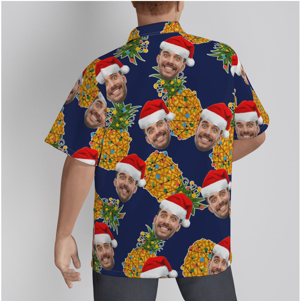 Mele Kalikimaka Pineapple Custom Face Christmas Navy Hawaiian Shirt