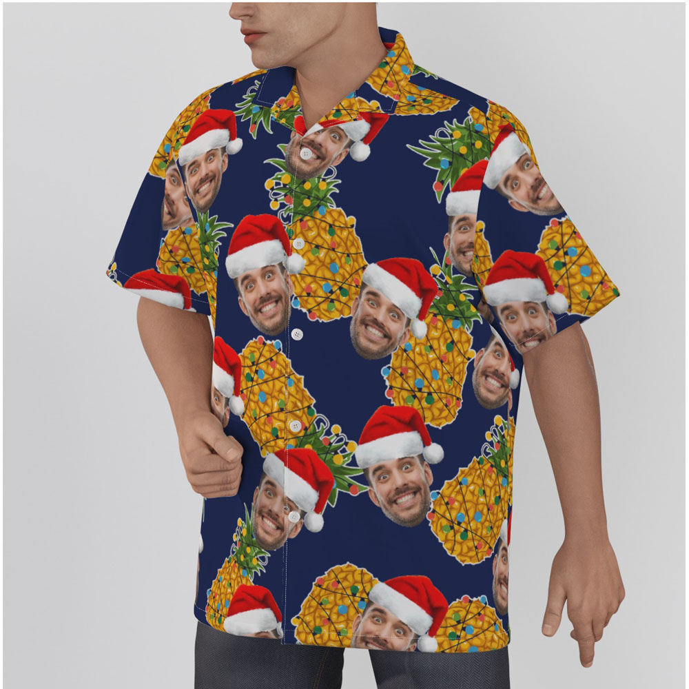 Mele Kalikimaka Pineapple Custom Face Christmas Navy Hawaiian Shirt