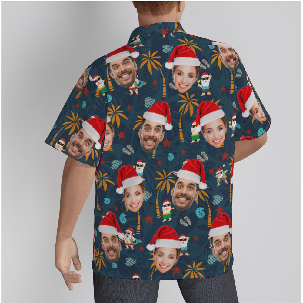 Christmas Santa On Vacation Navy Hawaiian Shirt With Custom Face