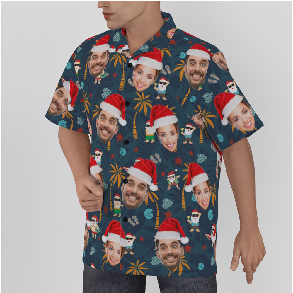 Christmas Santa On Vacation Navy Hawaiian Shirt With Custom Face