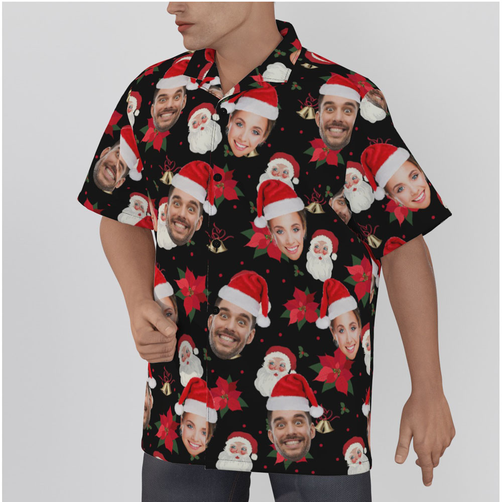 Santa Claus Poinsettia Christmas Hawaiian Shirt With Custom Face