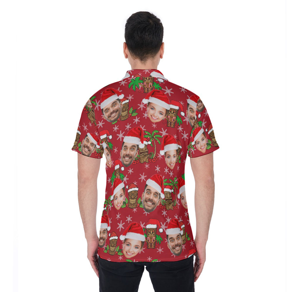 Classic Christmas Tiki Hawaiian Polo Shirt With Custom Face