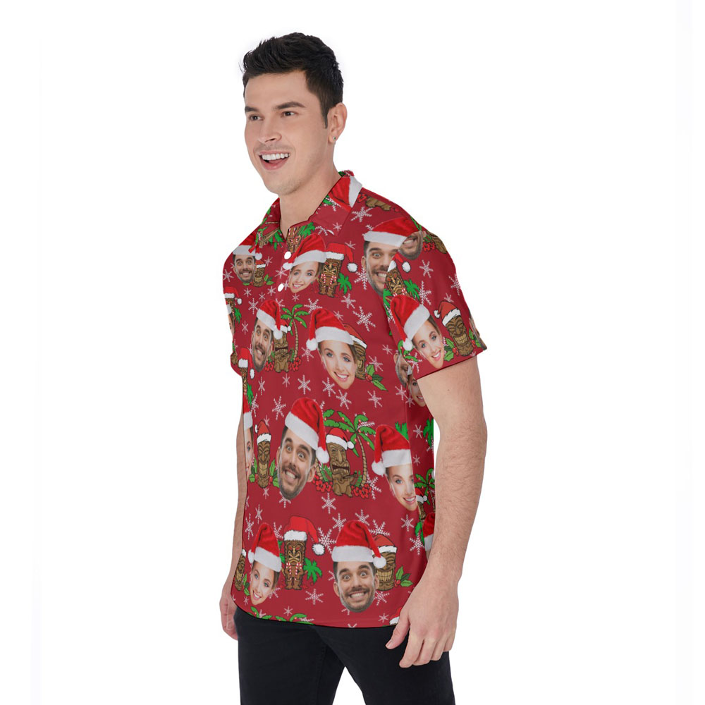 Classic Christmas Tiki Hawaiian Polo Shirt With Custom Face