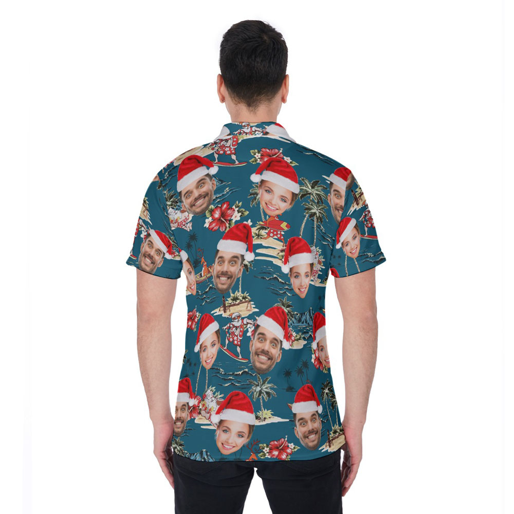 Custom Face Vintage Santa Surfing Summer Navy Hawaiian Polo Shirt