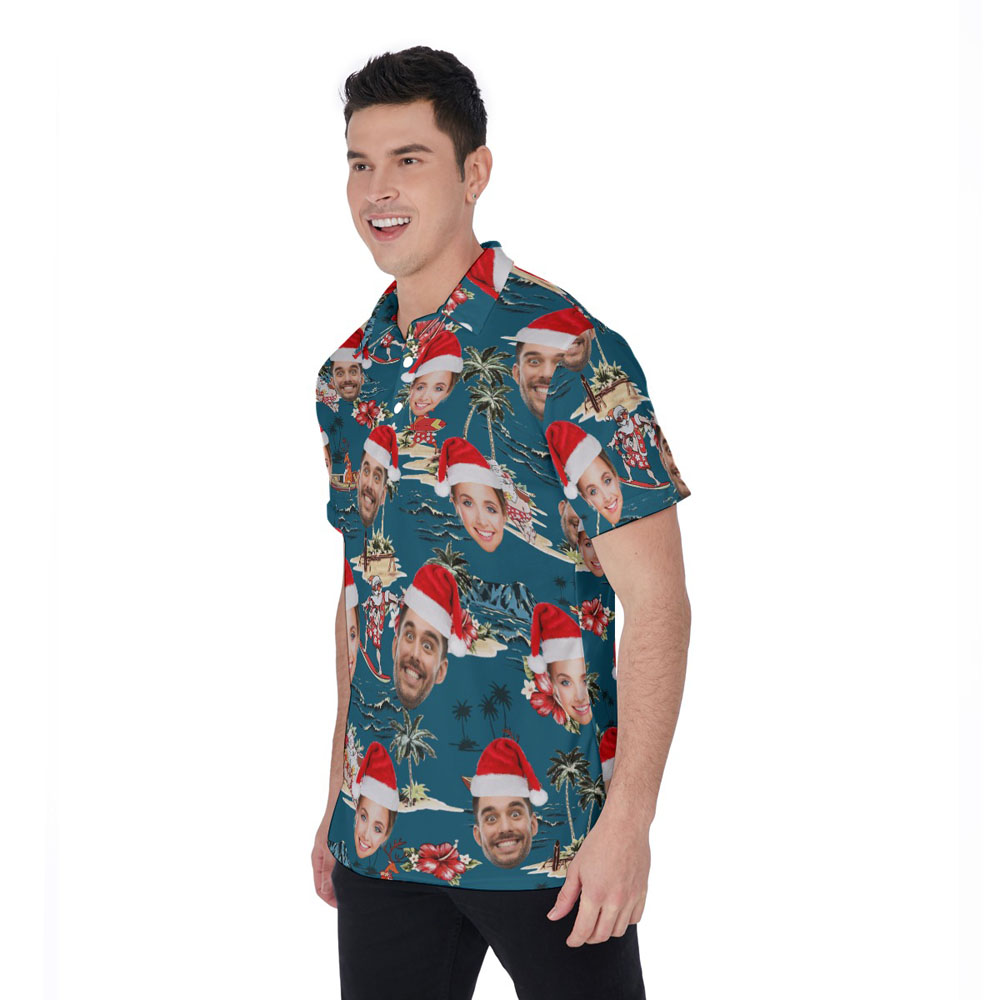 Custom Face Vintage Santa Surfing Summer Navy Hawaiian Polo Shirt