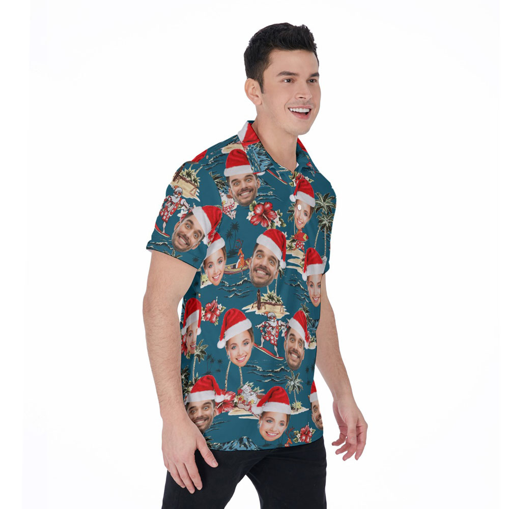 Custom Face Vintage Santa Surfing Summer Navy Hawaiian Polo Shirt