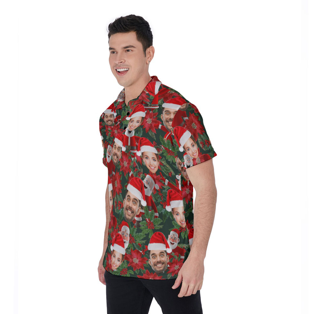 Poinsettia Santa Claus Floral Hawaiian Christmas Polo Shirt