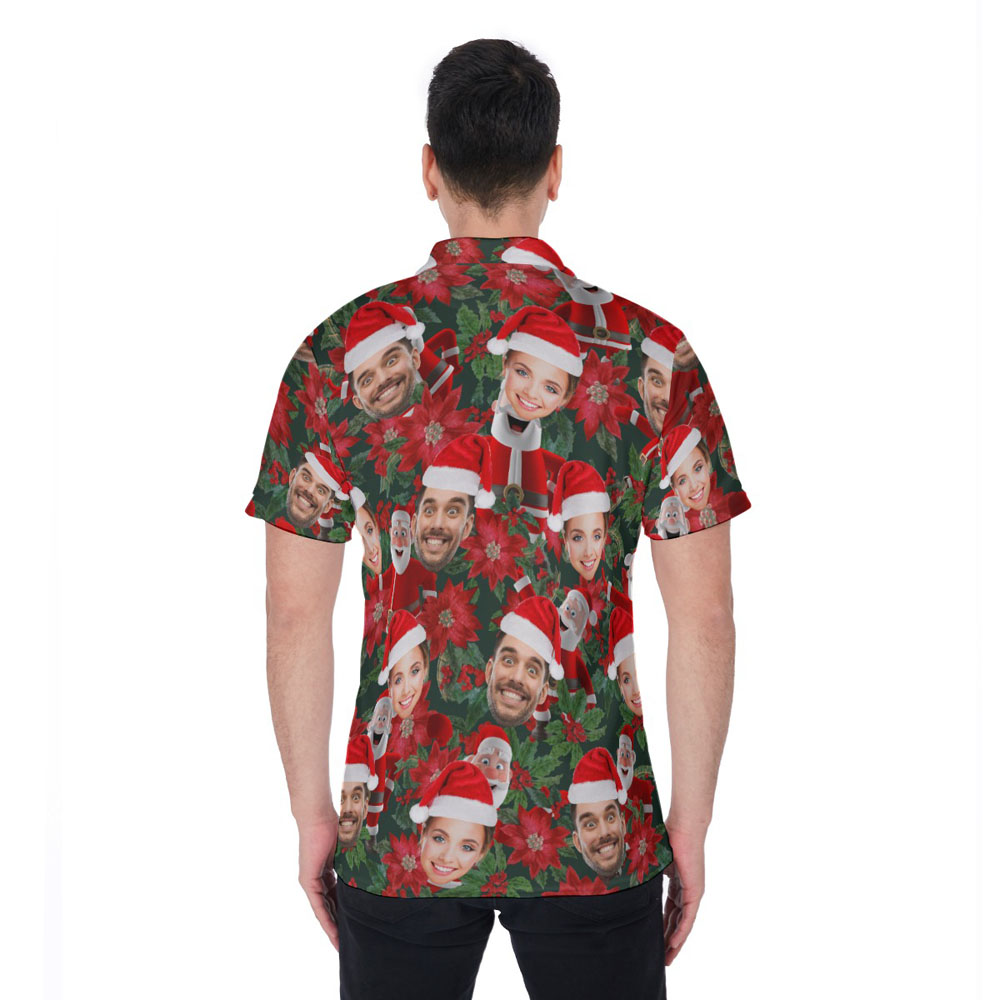 Poinsettia Santa Claus Floral Hawaiian Christmas Polo Shirt