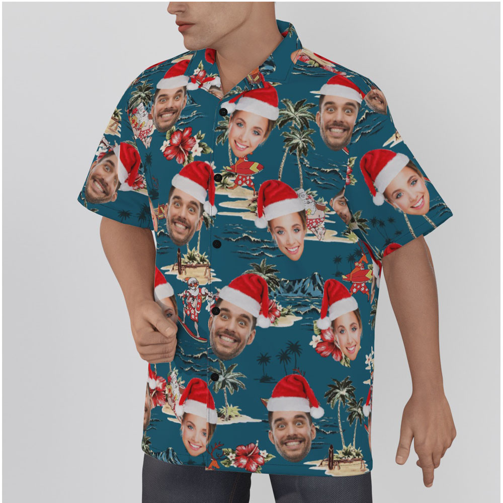 Vintage Summer Santa Claus Navy Hawaiian Shirt With Custom Face