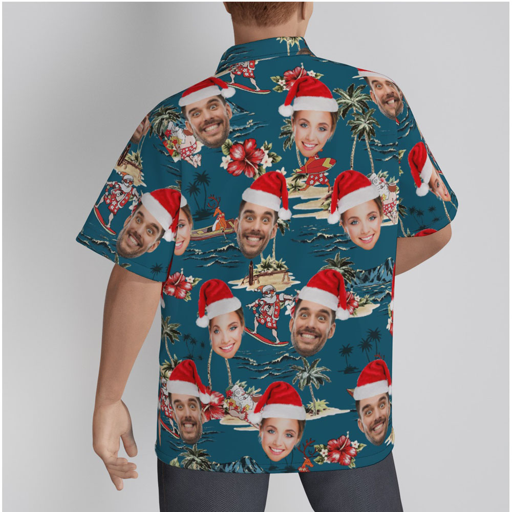 Vintage Summer Santa Claus Navy Hawaiian Shirt With Custom Face
