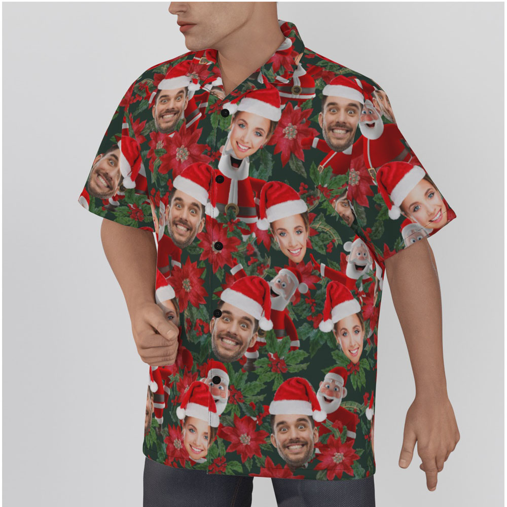 Funny Custom Face Poinsettia Santa Claus Hawaiian Shirt