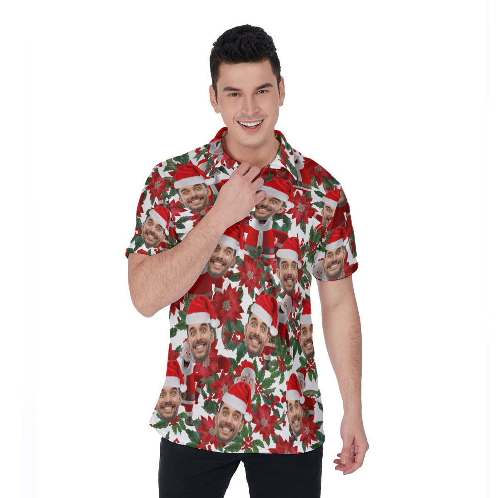 Funny Custom Face Classic Santa Floral Hawaiian Polo Shirt - variant image 1