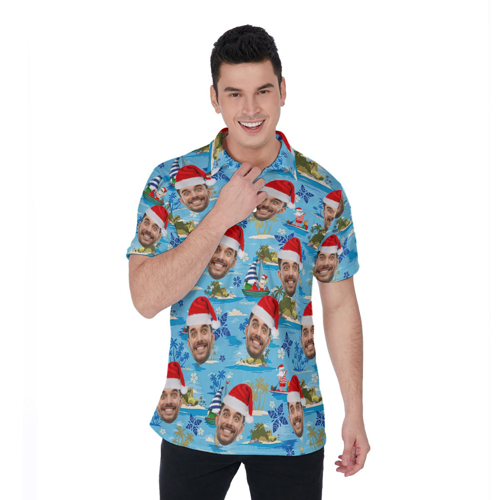 Santa Merry Island Christmas Blue Hawaiian Polo Shirt With Custom Face - variant image 1