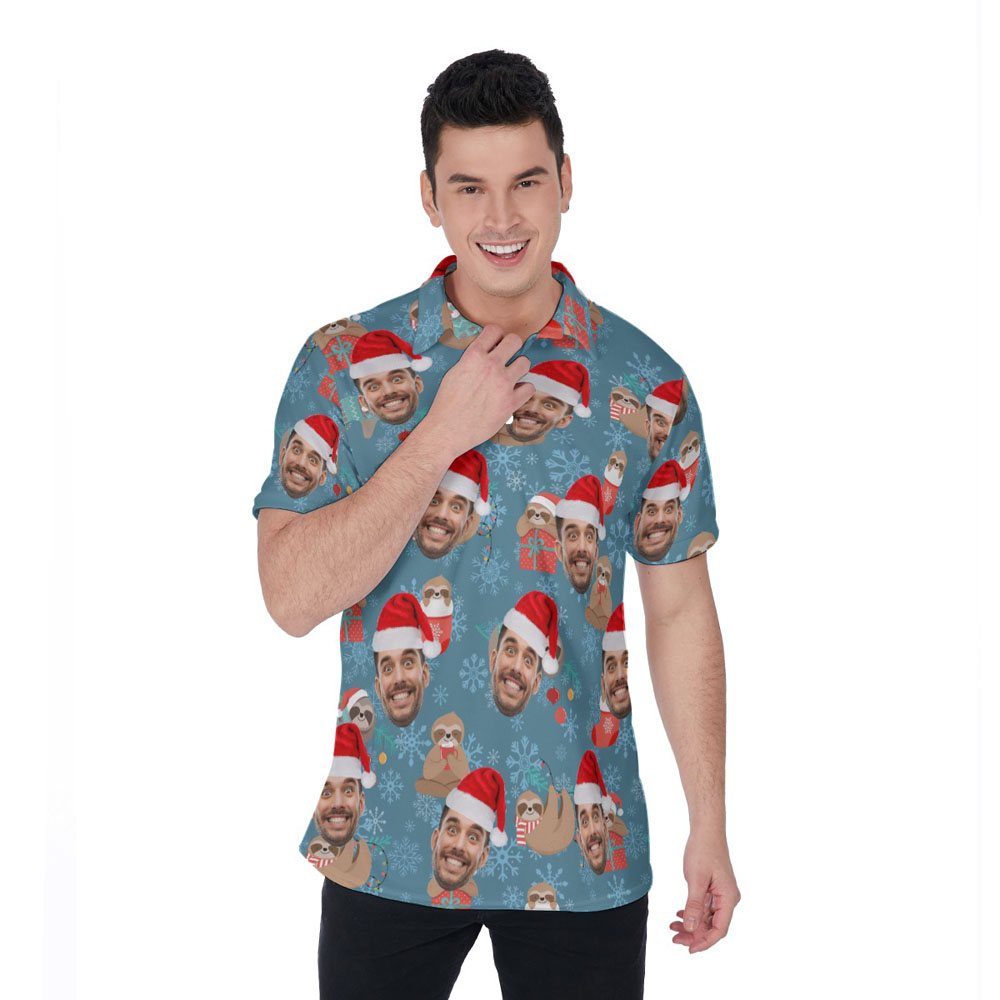 Custom Face Christmas Sloth Blue Hawaiian Polo Shirt For Men - variant image 1