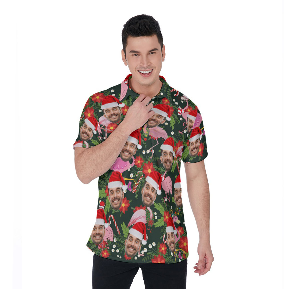 Custom Face Christmas Flamingo Tropical Hawaiian Polo Shirt - variant image 1