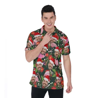 Custom Face Christmas Flamingo Tropical Hawaiian Polo Shirt