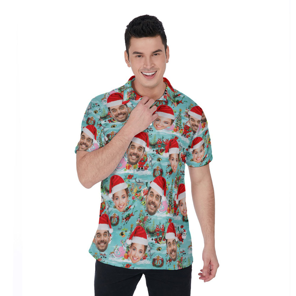 Scuba Diving Santa Claus Blue Hawaiian Polo Shirt With Custom Face - variant image 1