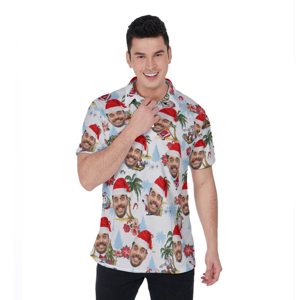 Funny Custom Face Christmas Palm Tree White Hawaiian Polo Shirt - variant image 1