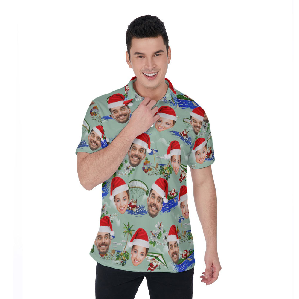 Funny Custom Face Surfing Santa Green Hawaiian Polo Golf Shirt - variant image 1