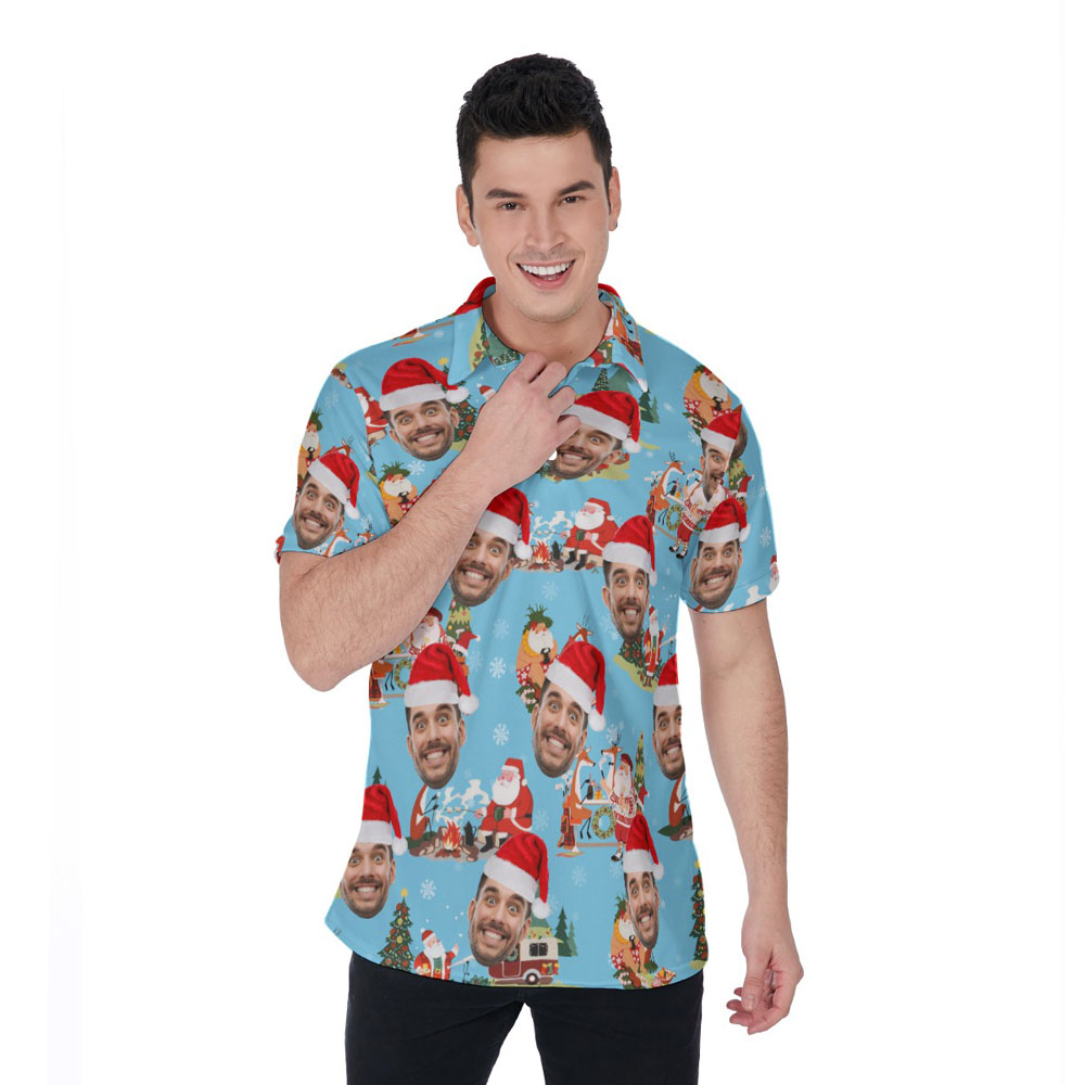 Vintage Santa Claus Blue Hawaiian Polo Shirt With Custom Face - variant image 1