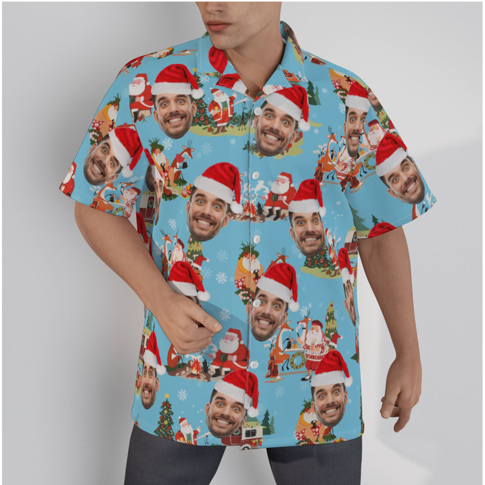 Funny Custom Face Vintage Christmas Santa Claus Blue Hawaiian Shirt - variant image 1