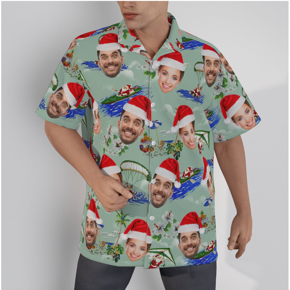 Surfing Santa Claus Christmas Green Hawaiian Shirt With Custom Face - variant image 1