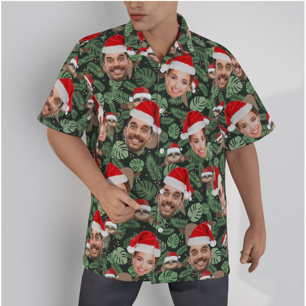 Funny Custom Face Christmas Sloth Green Hawaiian Shirt - variant image 1
