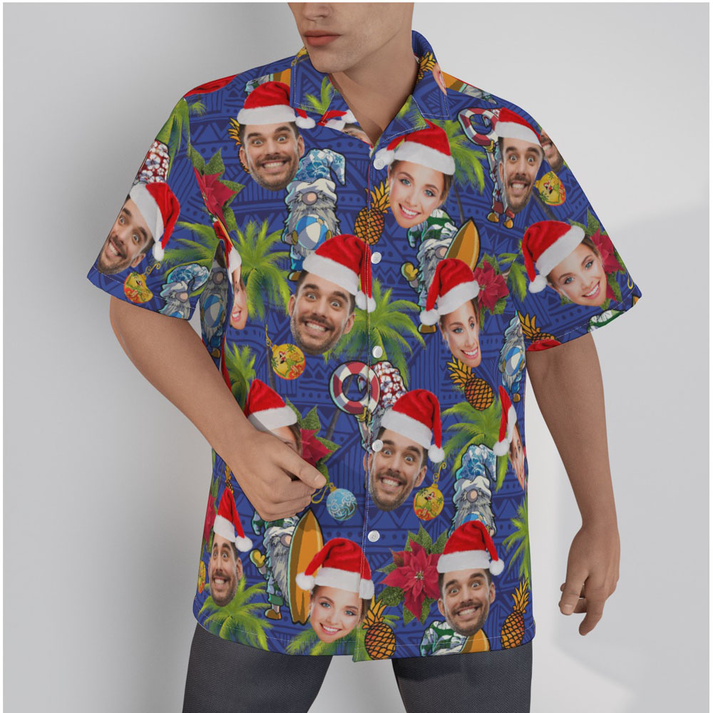Tropical Gnomes Custom Face Christmas Blue Hawaiian Shirt - variant image 1