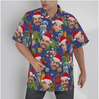 Tropical Gnomes Custom Face Christmas Blue Hawaiian Shirt