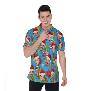 Custom Face Christmas Gnomes Palm Trees Hawaiian Polo Shirt