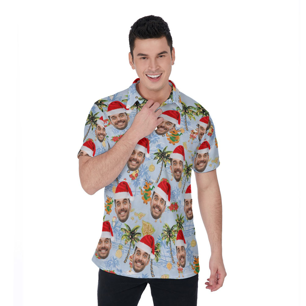 Summer Santa Playing Ukulele Palm Tree Hawaiian Polo Shirt With Custom Face - variant image 1