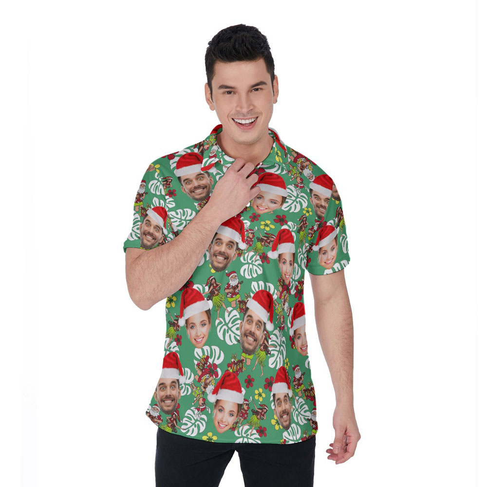 Funny Custom Face Vintage Hula Santa Green Hawaiian Polo Shirt - variant image 1