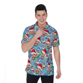 Custom Face Christmas Santa Surfing Blue Hawaiian Polo Shirt For Men