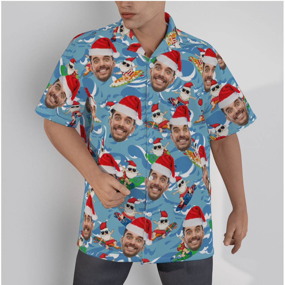 Funny Summer Santa Surfing Blue Hawaiian Shirt With Custom Face - variant image 1