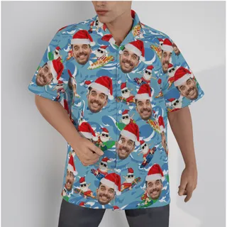 Funny Summer Santa Surfing Blue Hawaiian Shirt With Custom Face