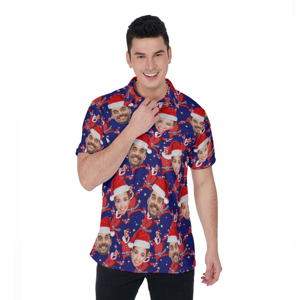 Funny Custom Face Christmas Santa Blue Hawaiian Golf Shirt - variant image 1