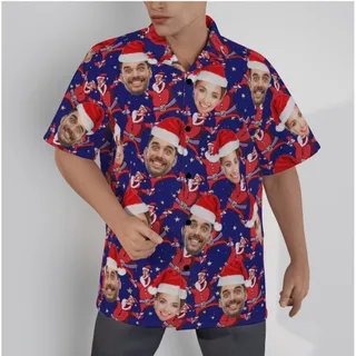 Custom Multiple Faces Christmas Santa Navy Hawaiian Shirt