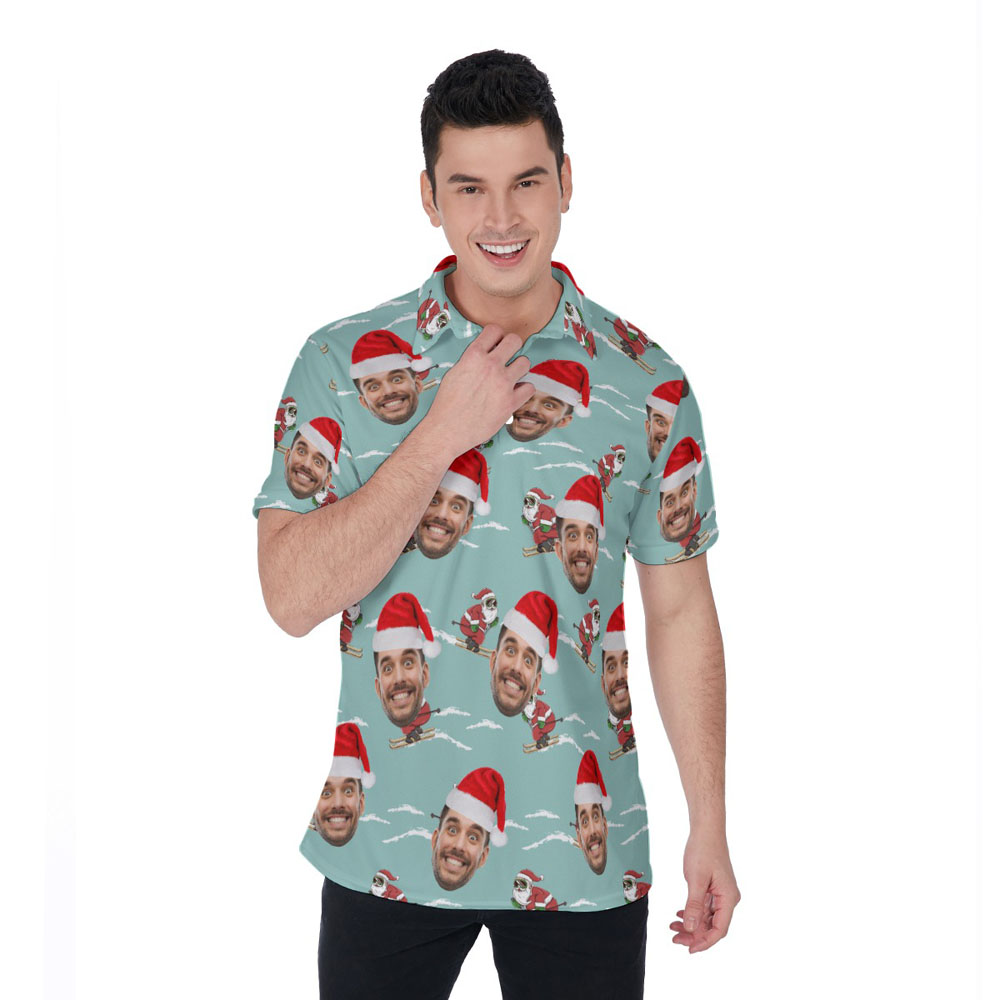 Custom Face Christmas Santa Skiing Blue Hawaiian Polo Shirt For Men - variant image 1
