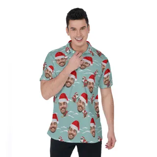 Custom Face Christmas Santa Skiing Blue Hawaiian Polo Shirt For Men