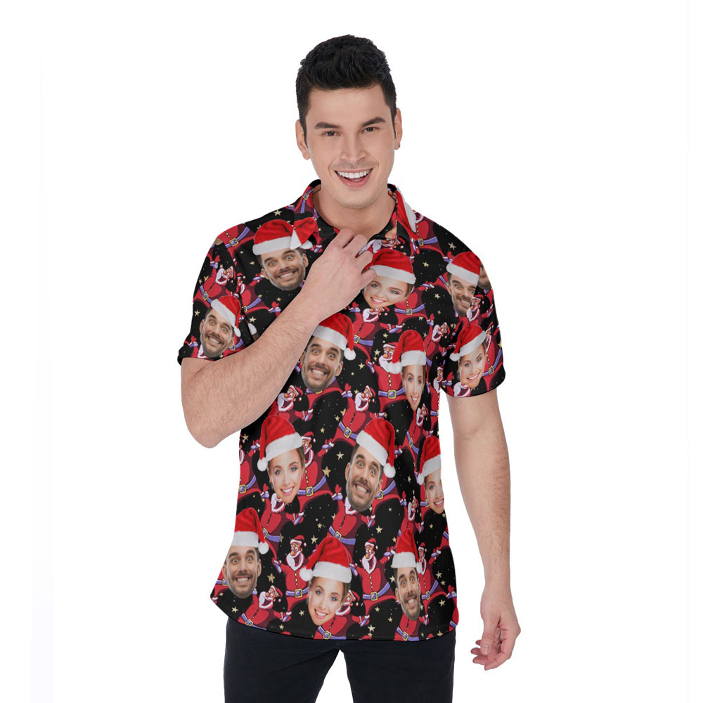 Funny Custom Couple Faces Xmas Santa Black Hawaiian Polo Shirt For Men - variant image 1