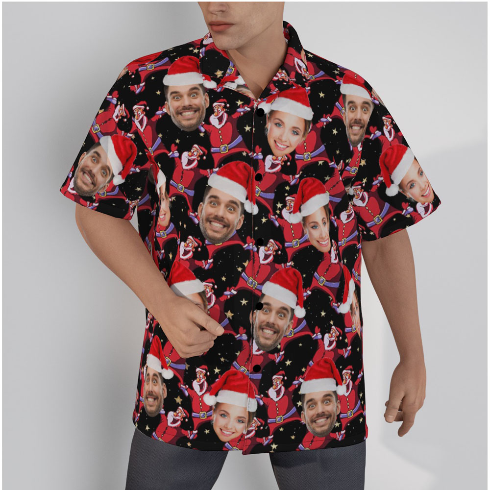 Custom Couple Face Christmas Santa Claus Black Hawaiian Shirt - variant image 1