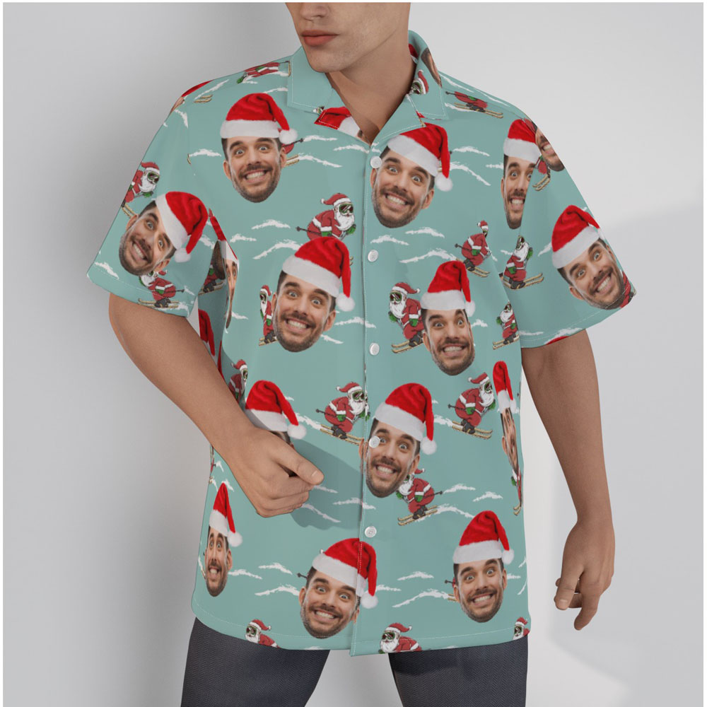 Funny Custom Face Xmas Santa Claus Skiing Blue Hawaiian Shirt - variant image 1