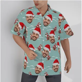 Funny Custom Face Xmas Santa Claus Skiing Blue Hawaiian Shirt